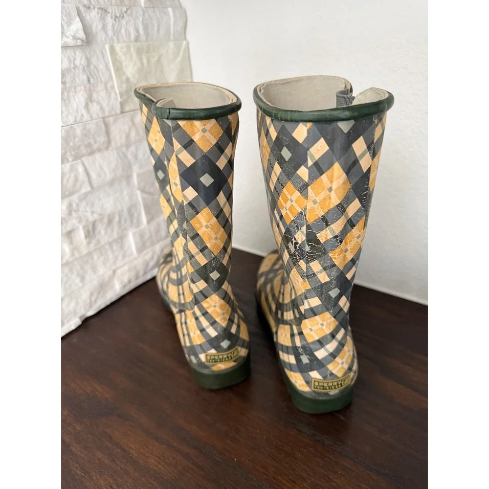 Sperry Top-Sider Womens Plaid Waterproof Rubber Rain Boots Yellow Green Size 6